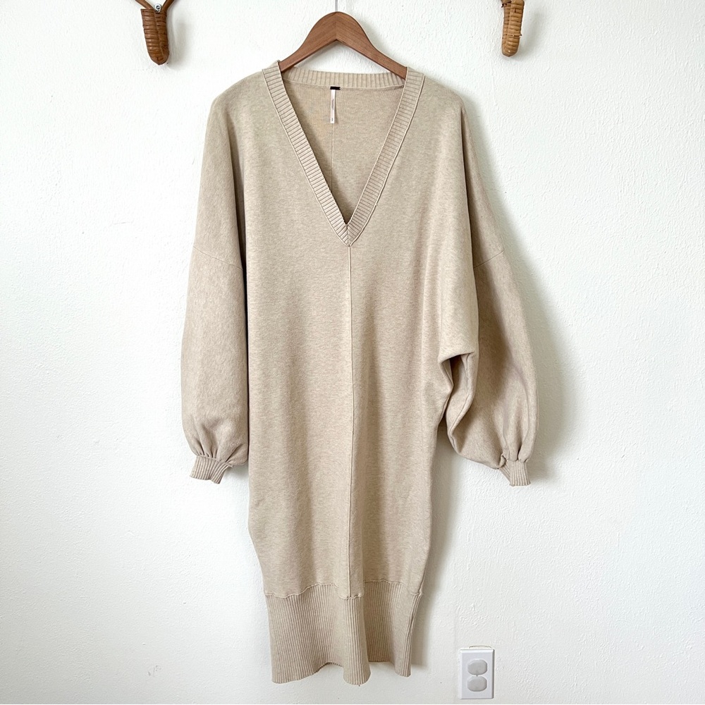 Free People Oversized Cream Sweater Midi Dress with Balloon Sleeves
